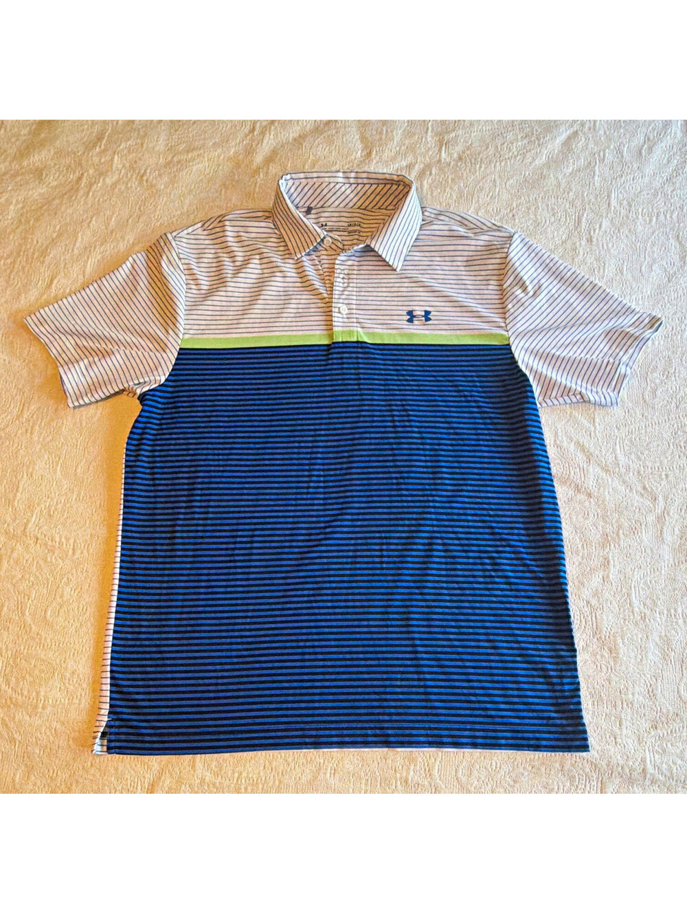 Under Armour HeatGear Men’s L Regular Striped Blue/White/Green SS Button Polo